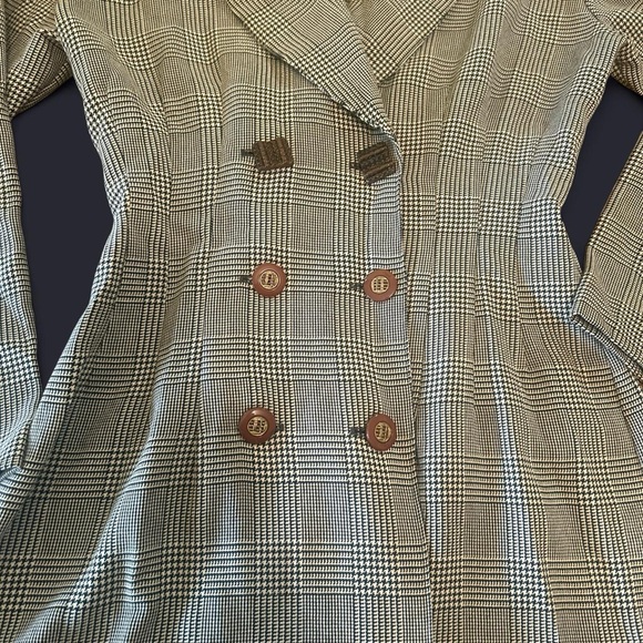 Y2K 90’s Black cream houndstooth plaid double breasted blazer wood look buttons - Picture 2 of 4